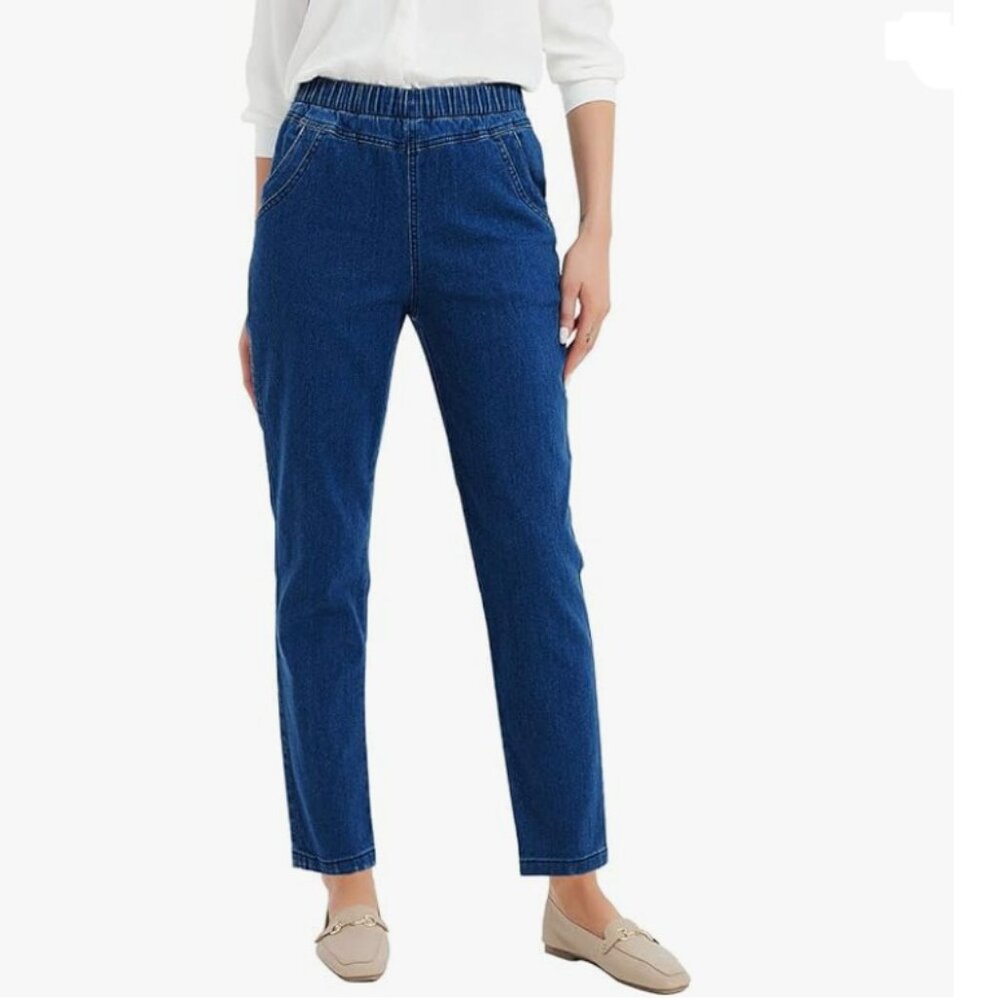 NWT blue jeans denim pull on pants elastic waIst 2 side pockets 29-in inseam med